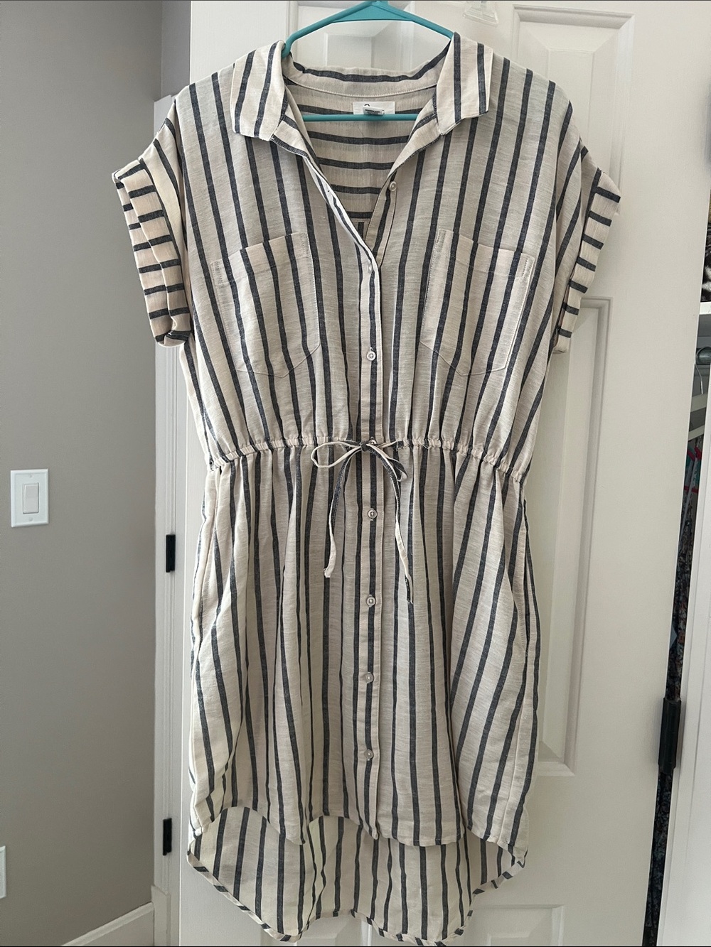Japna Cream and Black Striped Button-Front Drawstring Dress